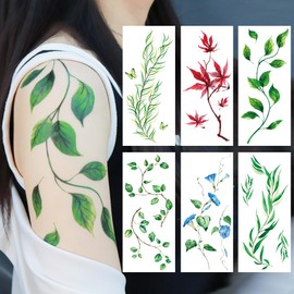 Oottati 6 Sheets Waterproof Fake Lifelike Half Arm Sleeves Shoulder Temporary Tattoos Sticker for Men Women Maple Leaf Sea Grass Morning Glory Flower