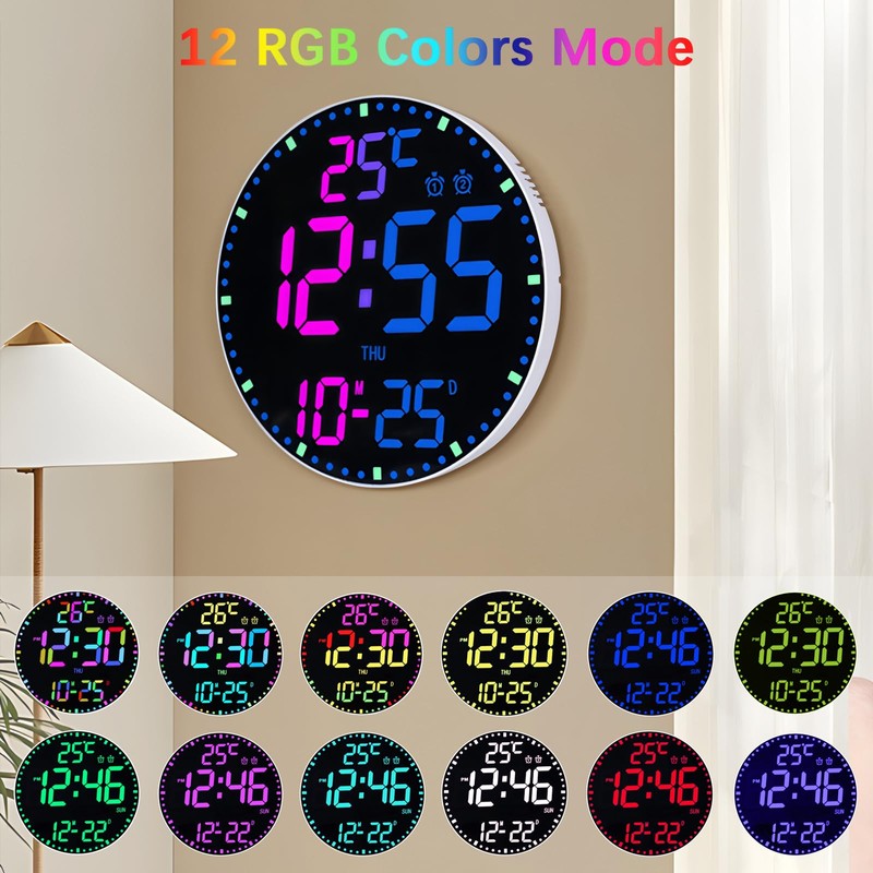 12" Large Digital Wall Clock with 12 RGB Colors &