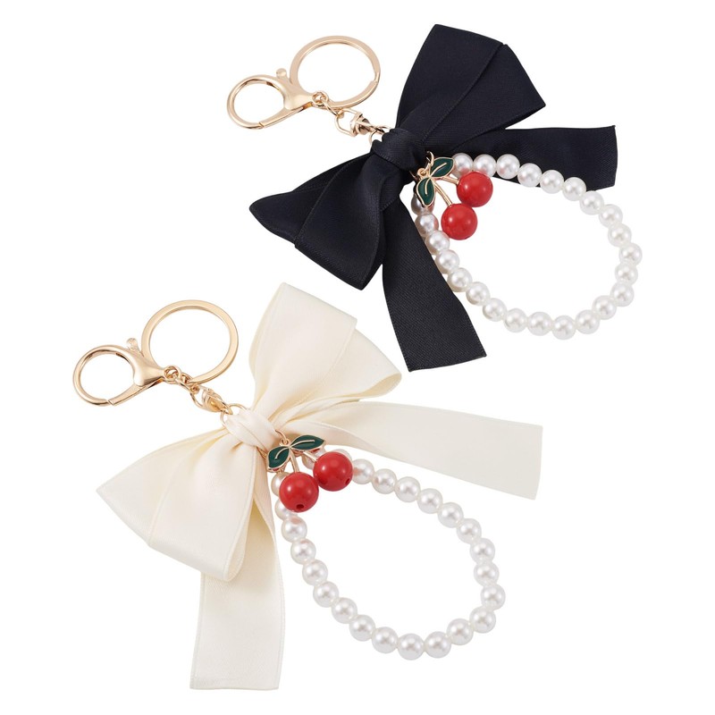 Bestewelry 2 Pcs Cherry Keychains Black White Polyester Bowknot Keychains
