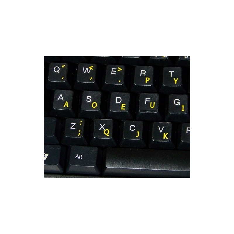 Dvorak Simplified New Keyboard Decals with Yellow Lettering ON Transparent