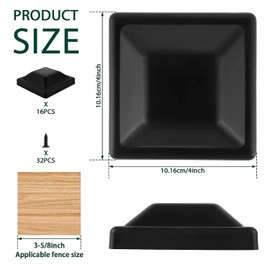 SAHENITEANA 16 Pack Fence Post Caps, 4X4 (3.625X3.625) Inch Black Plastic Square Fence Top Caps, Waterproof and UV Resistant Reusable, with 32pcs Screws, Prevent Fence Posts from Cracking (Black)