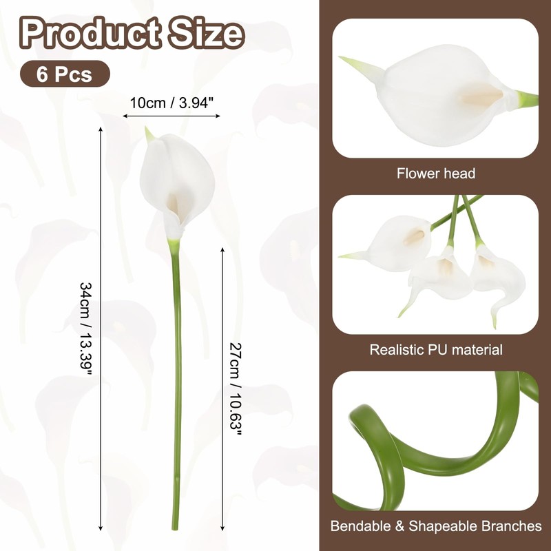 sourcing map 6Pcs Artificial Calla Lily Fake Flowers 13" White