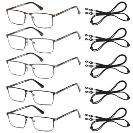 5 Pack Blue Light Blocking Reading Glasses for Men With Spring Hinge Metal Full Frame Lightweight Readers Classic Trend +1.5