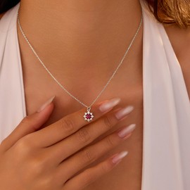 IPEPPY S925 Sterling Silver Red Birthstone Sunflower Necklaces for Women Dainty 14k Gold Plated Sun Cubic Zirconia Pendant Necklace Cute Sunshine Necklace Jewelry for Mom Wife Daughter, NO, Sterling