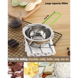 Double Boiler Pot Set, Stainless Steel Melting Pot with Silicone Spatula for Melting Chocolate, Soap, Wax, Candle Making (600ml and 1600ml,Green)