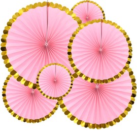 Yosawo Pack of 6 Hanging Paper Fans Paper Fans Decoration for Birthday Wedding Baby Shower Parties Home Decorations (Pink Gold Tip)