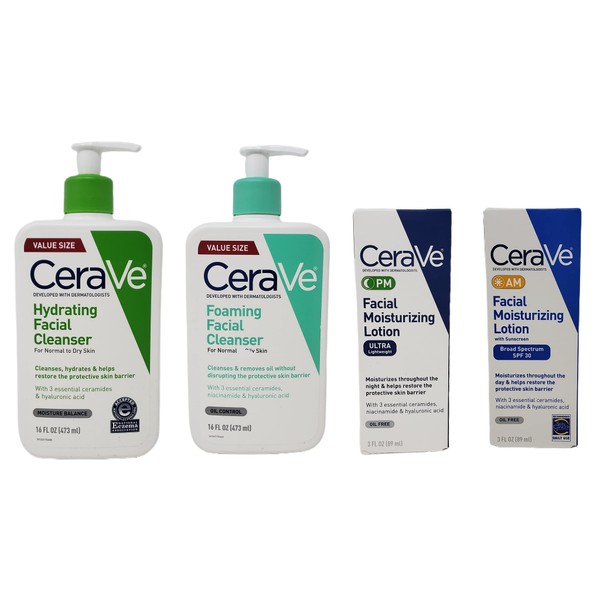 CeraVe Daily Skincare Facial Bundle - Hydrating Facial Cleanser (16 oz), Foaming Facial Cleanser (16 oz), AM Facial Moisturizing Lotion with Sunscreen (3 oz), and PM Facial Moisturizing Lotion (3 oz)