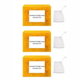 3PCS Lemon Turmeric KojicAcid Soap, Turmeric & KojicAcid Brightening Soap, DarkSpot Remove, Soap Body CareBody Wash Lemon Flawless Organicr, KojicAcid Soap:_2 Counts Soap+ 2 Counts Soap Bag
