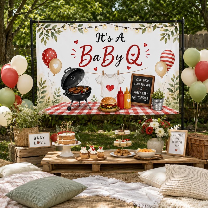 BBQ Baby Shower Backdrop Banner It's a Baby Q Baby