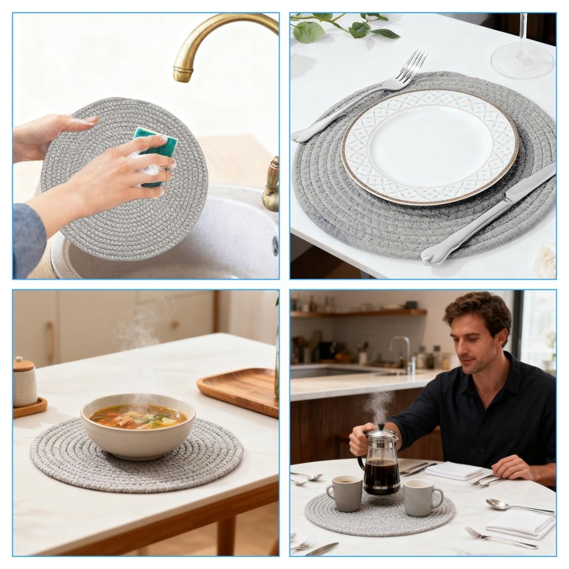 20cm Round Placemats Set of 4,Grey Cotton Dinner Table Mats