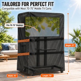 Outdoor TV Trolley Cover for 70-75 Inch Screen, Heavy Duty 600D Waterproof Rolling TV Stand Cover, Weatherproof Mobile TV Cart on Wheels Protector with Remote Pocket, Black 70"x15"x57"