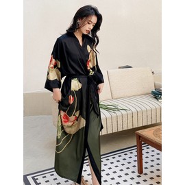 EORUBE Kimono Robes for Women Long Charmeuse Satin Floral Printed Silky Robe Sleepwear Wedding Bachelorette Party (Gradient Black)