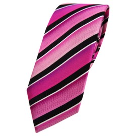 TigerTie Slim Designer Silk Tie in Magenta Pink Black Silver Striped - Tie 100% Silk, magenta pink pink black silver