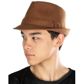 Funky Junque Mens Wool Blend Fedora Hat Small, Classic Vintage Trilby Style, Short Brim, Winter Hat, Size 6 3/4 to 7 1/8 - Light Brown