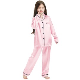 Schbbbta Girls Satin Pajamas, Long Sleeves Button Up Silk 2Pcs Loungewear Nightwear for Girls with Pants Pockets, T-Candy Pink, 13-14 Years = Tag 170