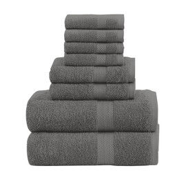 QUBA LINEN Pack of 8 Towels Set, 2 Large Bath Towels, 2 Hand Towels, 4 Wash Cloths, 100% Cotton, Lighter Weight, Quicker to Dry, Super Absorbent, Perfect for Bathroom (Grey)