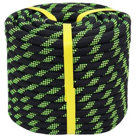 CRAYZA Braided Polyester Rope (3/8 in x 100 ft) Arborist Climbing Rope for Tree Climbing Pulling Swing Sailing, Black/Fluorescent Green
