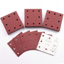 Sruhrak 110x115mm Sandpaper, 50 Pieces Sanding Sheets Hook and Loop Sanding Pads 100 Grits Rectangular Sander Paper Set for Bosch Electric Sander Polishing, Rust Removal