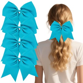 CLINTT 4Pcs Cheer Bows, Suitable for Women, Girls and Children, Elastic Hair Scrunchies Style for Most Hairstyles - Cyan Blue