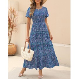 Kranda Summer Dresses for Women 2024 Round Neck Flutter Short Sleeve Tiered Ruffle Smocked Floral Maxi Dress Purple Green S