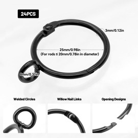 RUNYU® 24 Stück Schwarz Vorhangringe Metall Gardinenringe mit Haken Öse, Duschvorhangringe 25 mm Duschringe für Fenster Tür Duschvorhänge