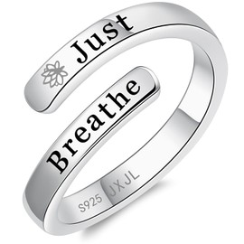 Just Breathe Rings for Women - 925 Sterling Silver Inspirational Jewelry Adjustable Lotus Ring Encouragement Gift for Women