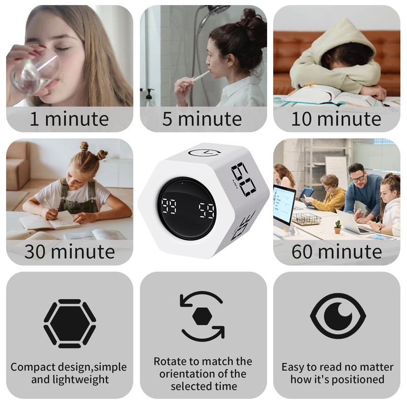 LUCKY TIME Productivity Pomodoro Timer,Hexagon Cube Timer,1/5/10/30/60 Minutes Countdown Timing,Sound