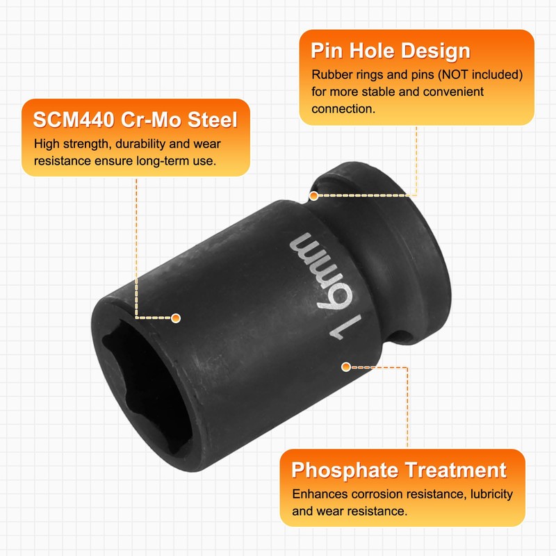 sourcing map 2pcs 6 Point Impact Socket 16mm Metric Socket