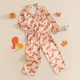 Fsadfeas Kids Girls Pajamas Baby Short/Long Sleeve Pumpkin&Turkey Print Button Down Tops Pants Satin Thanksgiving Pajamas (T Pumpkin Pie Orange, 12-18 Months)