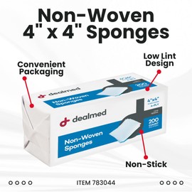 Dealmed Dealmed Non-Woven Gauze Sponges - 4-Ply, 4" x 4" All-Purpose Non-Sterile Absorbent Dental Gauze Wound Care for First Aid Kit/Medical Facilities, 200 Count (Pack of 1)