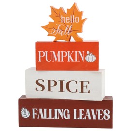 4 Pcs Thanksgiving Fall Decor Wooden Table Centerpieces Fall Maple Leaf Block Sign Decorations for Home Wooden Tiered Tray Decor for Tabletop Autumn Harvest Party Home Kitchen