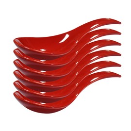 Xmomx 6 pcs Red Soup Spoon Round-Bottom Asia Porcelain Ceramic Rice Spoons Chinese Won Ton Spoons for Home Kitchen Restaurant