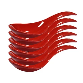 Xmomx 6 pcs Red Soup Spoon Round-Bottom Asia Porcelain Ceramic Rice Spoons Chinese Won Ton Spoons for Home Kitchen Restaurant