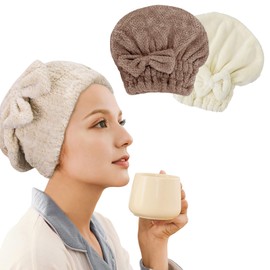 2-Piece Towel Cap, Adult Hair Turban, Towel for Hairdresser Considered Hair Absorbent Quick Drying Bath Bowknot Hair Towel Cute Thick Hair Dry Cap Towel for Women (Kaki and Beige)
