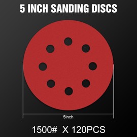 Pukamam 120 Pcs 5 inch Sanding Discs 1500 Grit 8 Hole Hook and Loop Round Sandpaper for Random Orbital Sander