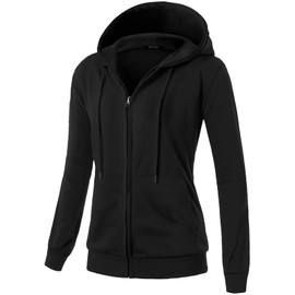 GIVON Womens Solid Color Zip UP Hoodies Sweatshirt with Kanga Pocket Long Sleeve Lightweight Hooded Jacket / DCF230-BLACK-M