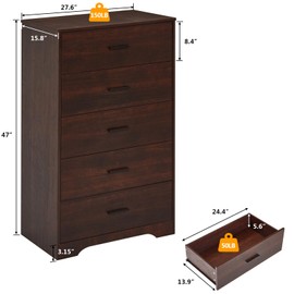 Dark Cherry Dresser for Bedroom Wooden, 5 Drawer Dressers & Chests of Drawers, Modern Wood Tall Dresser, 47 Inches Tall Chest of Drawers for Bedroom, Hallway, Living Room
