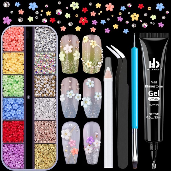 3D Flowers Manicure Gems with Nail Rhinestone Glue Gel, Colorful