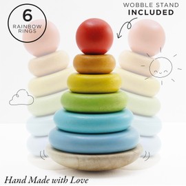 Le Toy Van – Wooden Rainbow Stacker | Girl & Boy 7 Piece Rainbow Wobbling Ring Stacker – Suitable for 18+ months