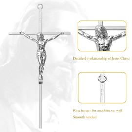 KUXBET Crucifix Wall Cross, Metal Wall Hanging Cross,10inch Silver Jesus Crucifix Home Décor, Gift for Family