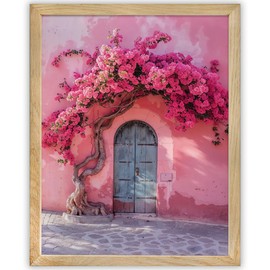 Pink Bougainvillea Against Pink Wall 11x14 Framed Poster - Floral Architecture Botanical Ornament for Dining or Kitchen Decor - Beautiful Vibrant Flowering Vine, Garden Aesthetics-Mediterranean Chic