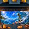 Summer Halloween Garage Door Cover, 16x7 Ft Surfing Skeleton Banner
