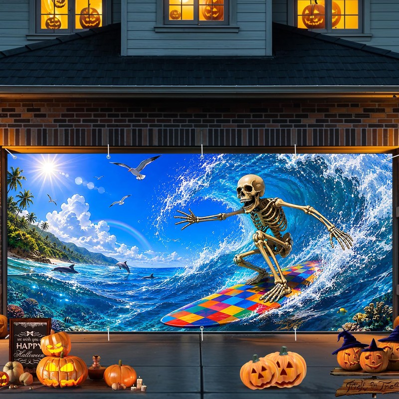Summer Halloween Garage Door Cover, 16x7 Ft Surfing Skeleton Banner