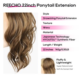 REECHO Ponytail Extension, Drawstring Ponytail Extension Long Wavy Layered Pony Tails Hair Extensions 22inch Natural Fake Ponytail Clip in Synthetic Hairpiece for Women, Chocolate Brown