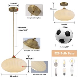 KCO Lighting White Ribbed Glass Ceiling Light Modern Antique Brass Pendant Light Gold Globe Pendant Light Fixture Mid Century Kitchen Island Pendant Lighting (2 Pack)