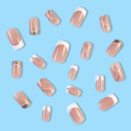 JUSTOTRY 24 Pcs Gold Glitter Short False Nails Pattern,Milky White Square Press on Nails,Glossy Striped Fake Nails Medium for Nails Art,French Squoval Stick on Nails for Women and Teens Gifts