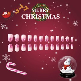Christmas Press on Nails Short Oval Snowflake False Nails Pink Glitter Powder Design Gradient Full Cover Acrylic Nails Christmas Stick on Nails Winter Glossy Glue on Nails for Women Festival Manicure