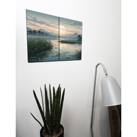 The Plum Penguin Serene Wetland Nihonga Style Wall Art: Twin A4 MDF Wooden Panels with Lotus & Mist Print