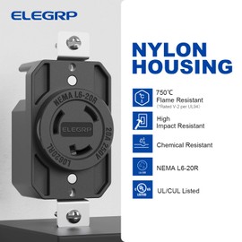 ELEGRP NEMA L6-20R Flush Mounting Locking Receptacle, Twist Lock Socket/Outlet for Generator, 20 Amp 250V 2 Pole 3 Wire Grounding, Industrial Grade Heavy Duty, UL Listed, 1 Pack, Black