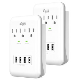KMC KMC 3-Outlet Wall Mount Surge Protector, 900 Joules, 4 USB 4.8 AMP USB Charging Ports, Phone Holder Cradle for Home, School or Office, ETL Certified (2 Pack)